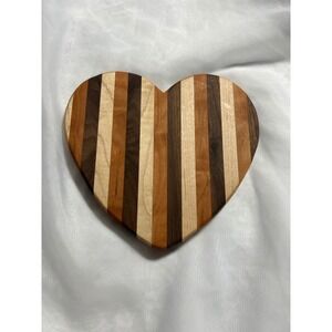Handmade‎ Heart Shaped Wooden Cutting Board Striped Walnut Maple Cherry 7.75in